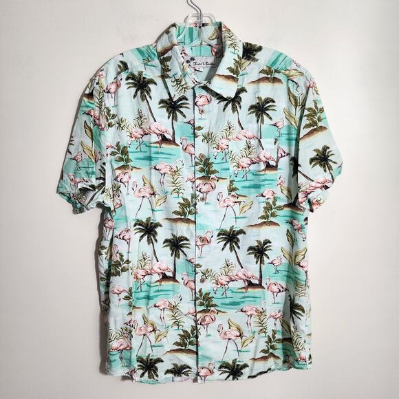 Oliver & Burke Palm tree and flamingo print button front Hawaiian shirt men sz M - Picture 11 of 11